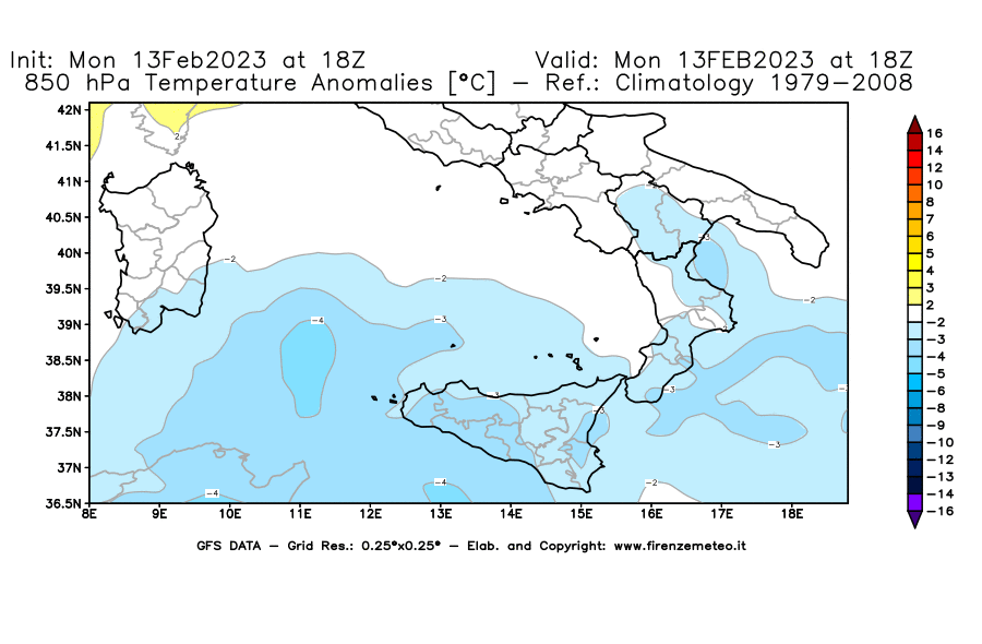 Mappa di analisi GFS - Anomalia Temperatura [°C] a 850 hPa in Sud-Italia
							del 13/02/2023 18 <!--googleoff: index-->UTC<!--googleon: index-->