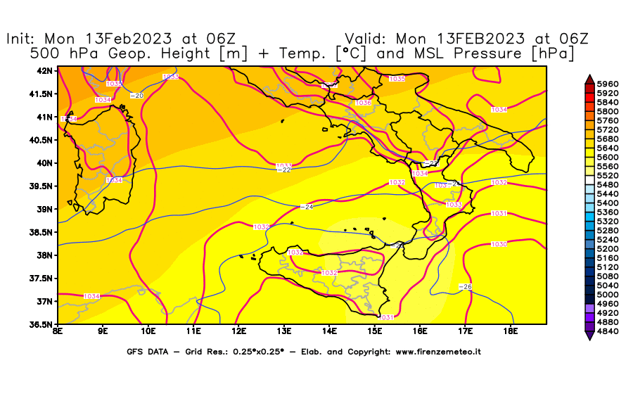 Mappa di analisi GFS - Geopotenziale [m] + Temp. [°C] a 500 hPa + Press. a livello del mare [hPa] in Sud-Italia
							del 13/02/2023 06 <!--googleoff: index-->UTC<!--googleon: index-->
