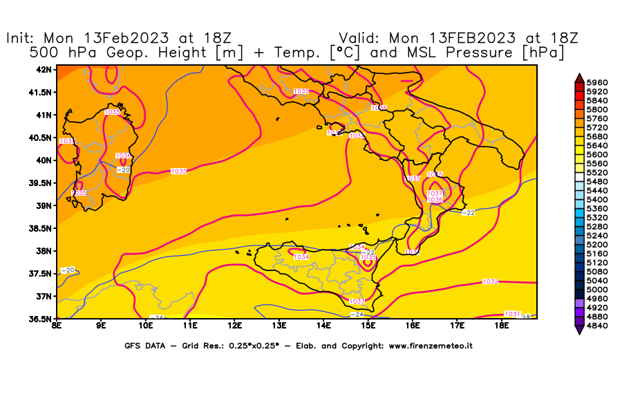 Mappa di analisi GFS - Geopotenziale [m] + Temp. [°C] a 500 hPa + Press. a livello del mare [hPa] in Sud-Italia
							del 13/02/2023 18 <!--googleoff: index-->UTC<!--googleon: index-->