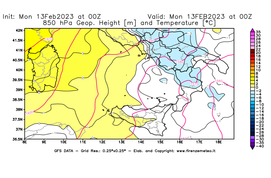 Mappa di analisi GFS - Geopotenziale [m] e Temperatura [°C] a 850 hPa in Sud-Italia
							del 13/02/2023 00 <!--googleoff: index-->UTC<!--googleon: index-->