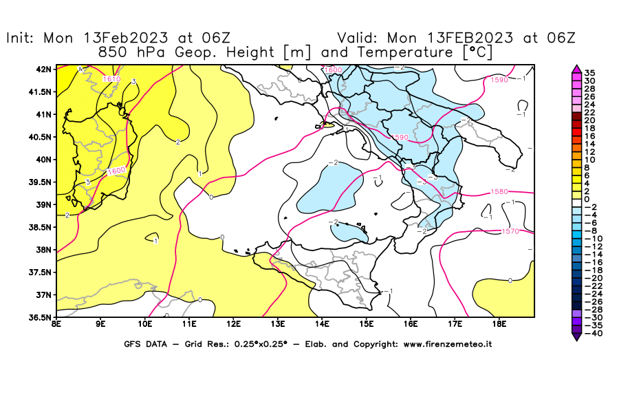Mappa di analisi GFS - Geopotenziale [m] e Temperatura [°C] a 850 hPa in Sud-Italia
							del 13/02/2023 06 <!--googleoff: index-->UTC<!--googleon: index-->
