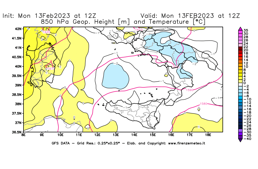 Mappa di analisi GFS - Geopotenziale [m] e Temperatura [°C] a 850 hPa in Sud-Italia
							del 13/02/2023 12 <!--googleoff: index-->UTC<!--googleon: index-->