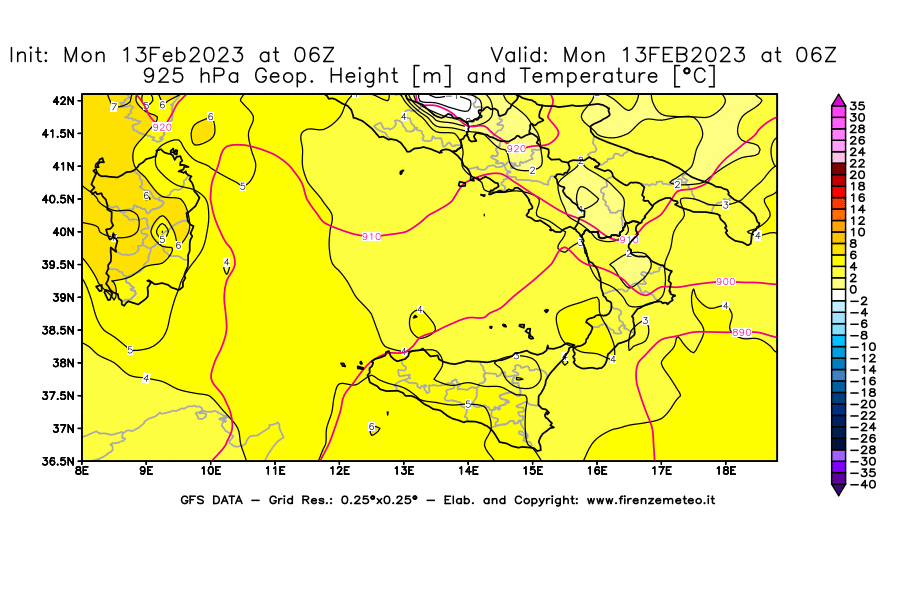 Mappa di analisi GFS - Geopotenziale [m] e Temperatura [°C] a 925 hPa in Sud-Italia
							del 13/02/2023 06 <!--googleoff: index-->UTC<!--googleon: index-->