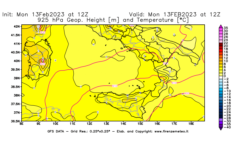 Mappa di analisi GFS - Geopotenziale [m] e Temperatura [°C] a 925 hPa in Sud-Italia
							del 13/02/2023 12 <!--googleoff: index-->UTC<!--googleon: index-->