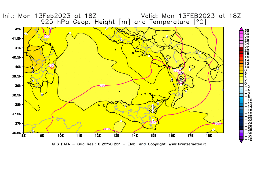 Mappa di analisi GFS - Geopotenziale [m] e Temperatura [°C] a 925 hPa in Sud-Italia
							del 13/02/2023 18 <!--googleoff: index-->UTC<!--googleon: index-->