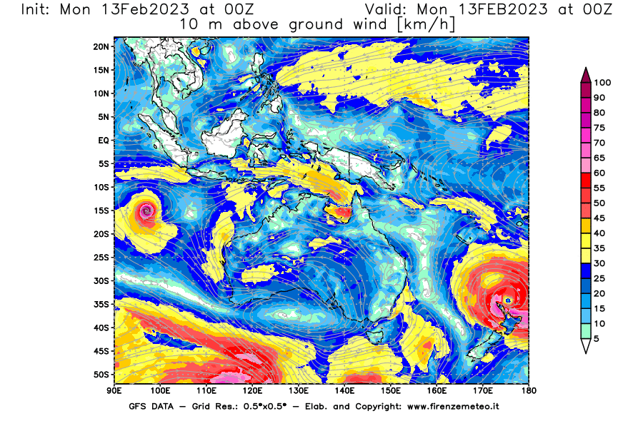 Mappa di analisi GFS - Velocità del vento a 10 metri dal suolo [km/h] in Oceania
							del 13/02/2023 00 <!--googleoff: index-->UTC<!--googleon: index-->