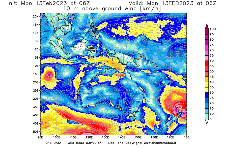 Mappa di analisi GFS - Velocità del vento a 10 metri dal suolo [km/h] in Oceania
							del 13/02/2023 06 <!--googleoff: index-->UTC<!--googleon: index-->
