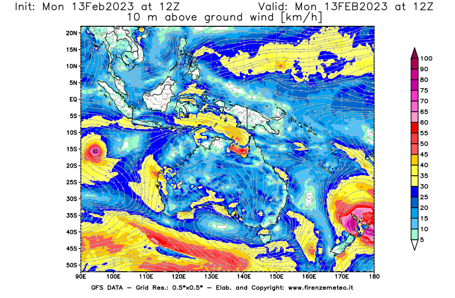 Mappa di analisi GFS - Velocità del vento a 10 metri dal suolo [km/h] in Oceania
							del 13/02/2023 12 <!--googleoff: index-->UTC<!--googleon: index-->