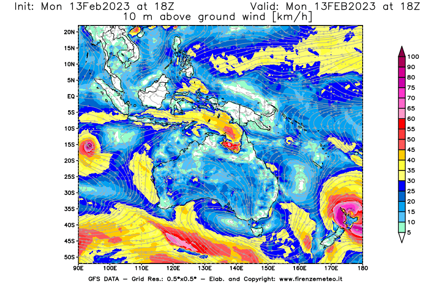 Mappa di analisi GFS - Velocità del vento a 10 metri dal suolo [km/h] in Oceania
							del 13/02/2023 18 <!--googleoff: index-->UTC<!--googleon: index-->