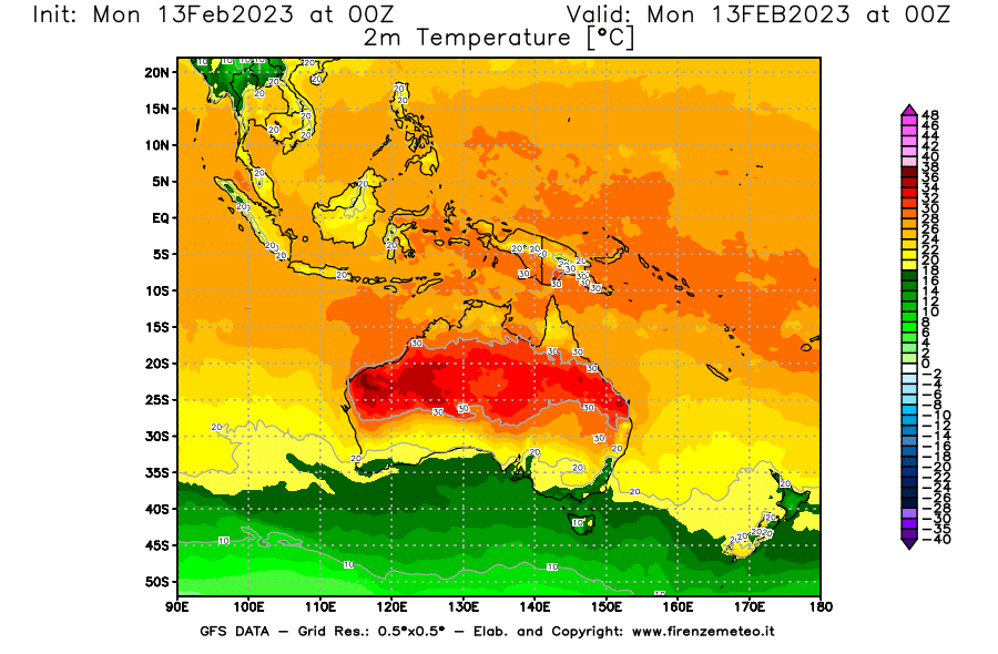 Mappa di analisi GFS - Temperatura a 2 metri dal suolo [°C] in Oceania
							del 13/02/2023 00 <!--googleoff: index-->UTC<!--googleon: index-->
