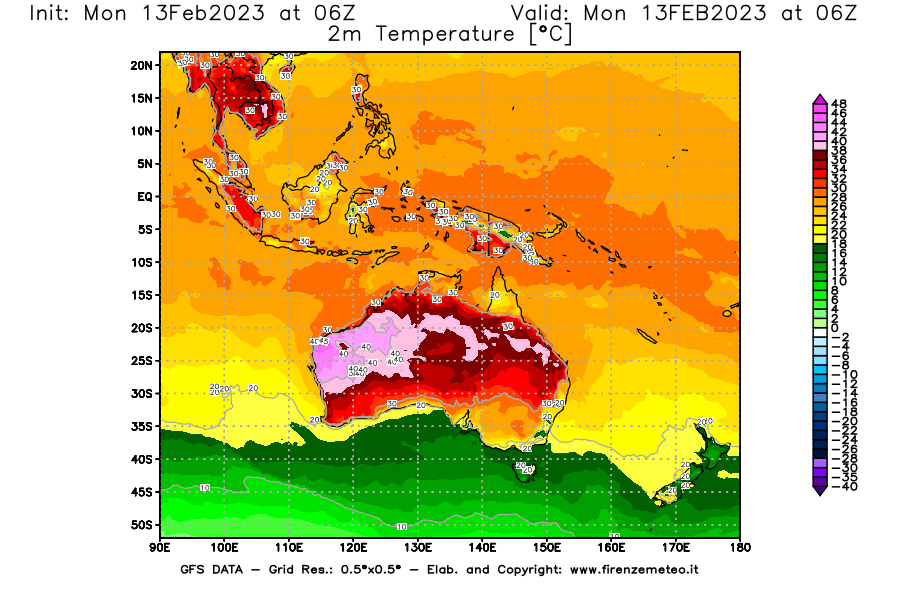 Mappa di analisi GFS - Temperatura a 2 metri dal suolo [°C] in Oceania
							del 13/02/2023 06 <!--googleoff: index-->UTC<!--googleon: index-->