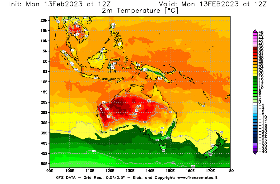 Mappa di analisi GFS - Temperatura a 2 metri dal suolo [°C] in Oceania
							del 13/02/2023 12 <!--googleoff: index-->UTC<!--googleon: index-->