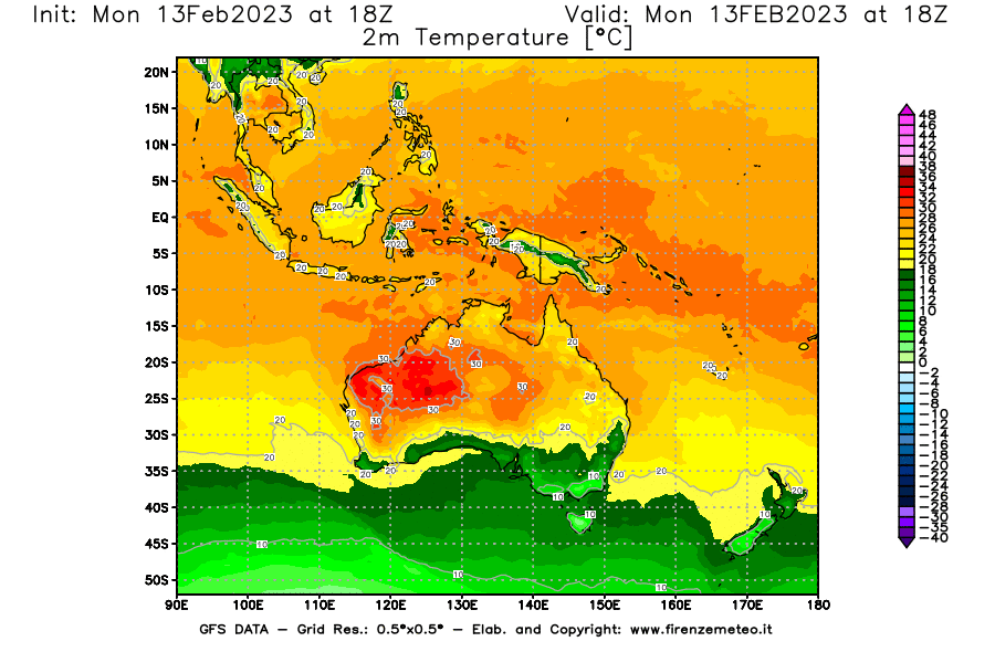 Mappa di analisi GFS - Temperatura a 2 metri dal suolo [°C] in Oceania
							del 13/02/2023 18 <!--googleoff: index-->UTC<!--googleon: index-->