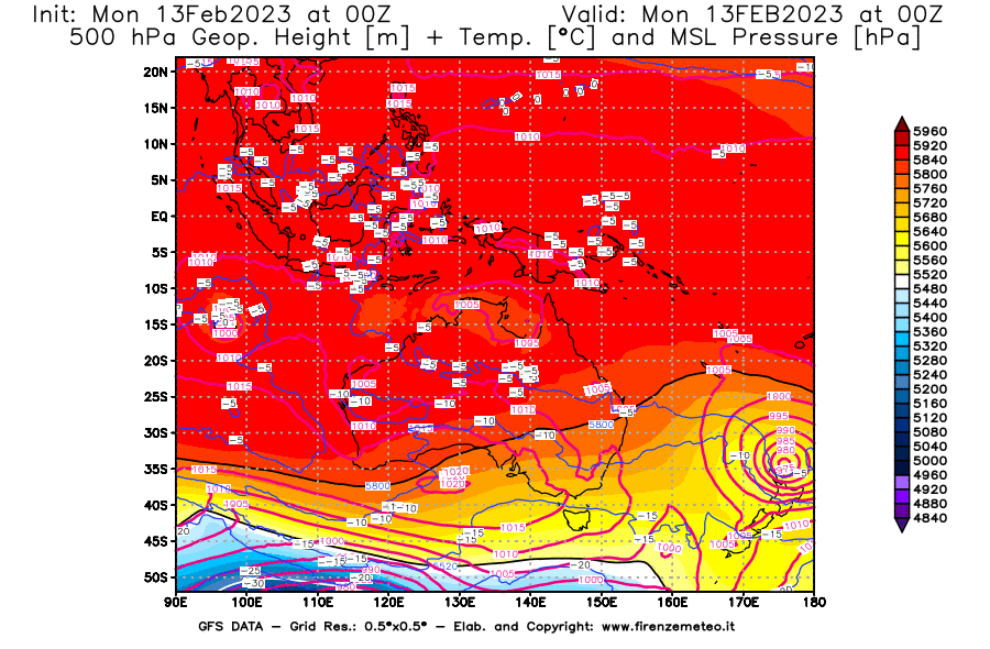 Mappa di analisi GFS - Geopotenziale [m] + Temp. [°C] a 500 hPa + Press. a livello del mare [hPa] in Oceania
							del 13/02/2023 00 <!--googleoff: index-->UTC<!--googleon: index-->