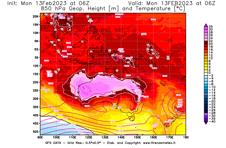 Mappa di analisi GFS - Geopotenziale [m] e Temperatura [°C] a 850 hPa in Oceania
							del 13/02/2023 06 <!--googleoff: index-->UTC<!--googleon: index-->