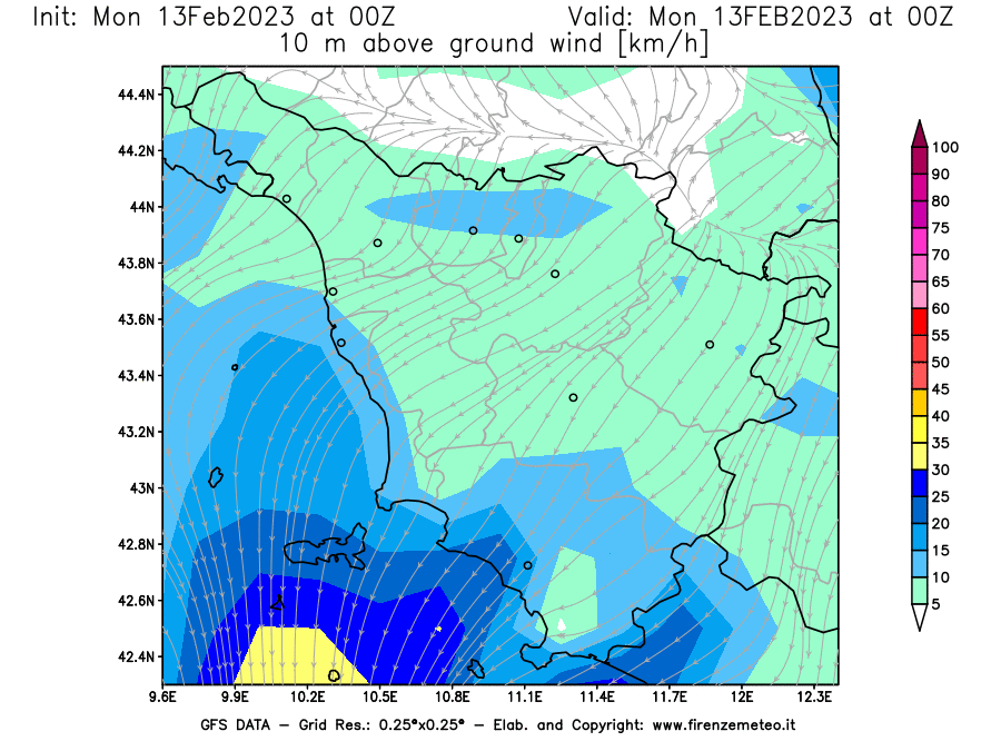 Mappa di analisi GFS - Velocità del vento a 10 metri dal suolo [km/h] in Toscana
							del 13/02/2023 00 <!--googleoff: index-->UTC<!--googleon: index-->