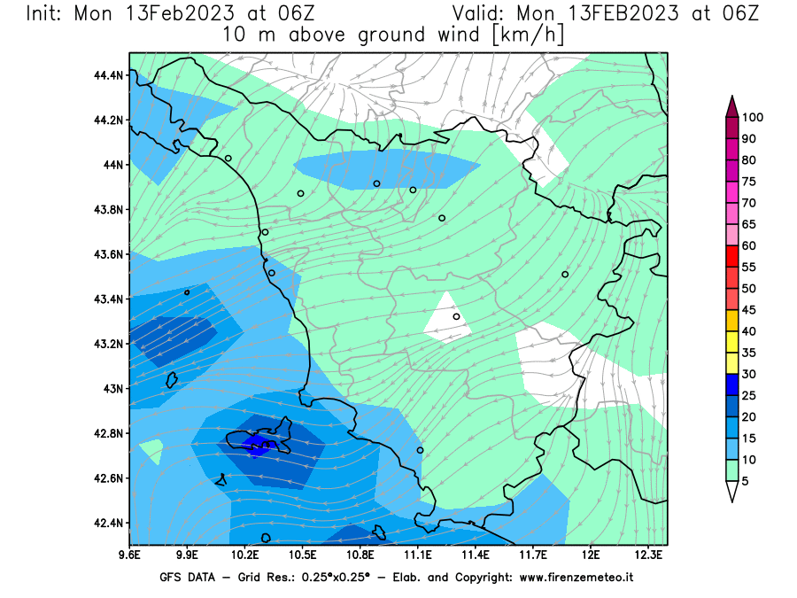 Mappa di analisi GFS - Velocità del vento a 10 metri dal suolo [km/h] in Toscana
							del 13/02/2023 06 <!--googleoff: index-->UTC<!--googleon: index-->