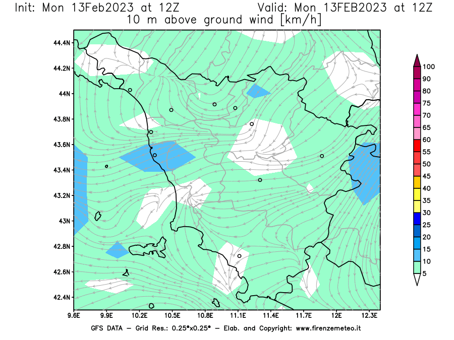 Mappa di analisi GFS - Velocità del vento a 10 metri dal suolo [km/h] in Toscana
							del 13/02/2023 12 <!--googleoff: index-->UTC<!--googleon: index-->