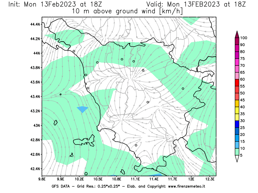Mappa di analisi GFS - Velocità del vento a 10 metri dal suolo [km/h] in Toscana
							del 13/02/2023 18 <!--googleoff: index-->UTC<!--googleon: index-->