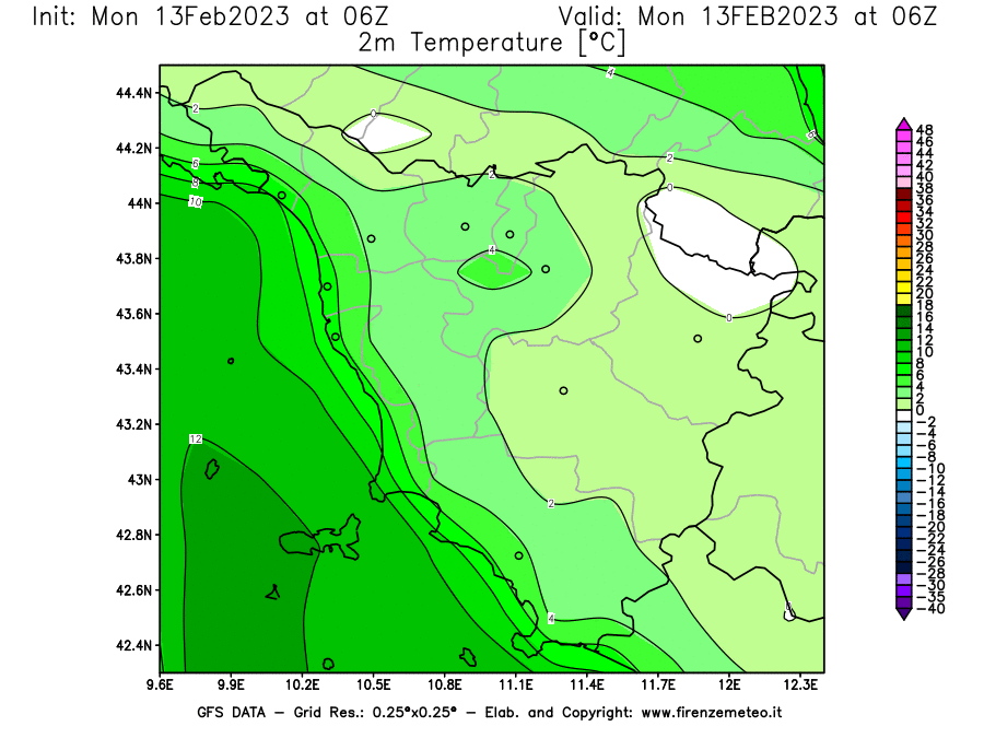Mappa di analisi GFS - Temperatura a 2 metri dal suolo [°C] in Toscana
							del 13/02/2023 06 <!--googleoff: index-->UTC<!--googleon: index-->