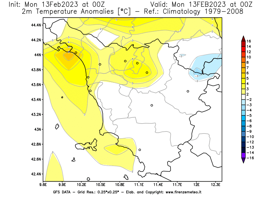 Mappa di analisi GFS - Anomalia Temperatura [°C] a 2 m in Toscana
							del 13/02/2023 00 <!--googleoff: index-->UTC<!--googleon: index-->