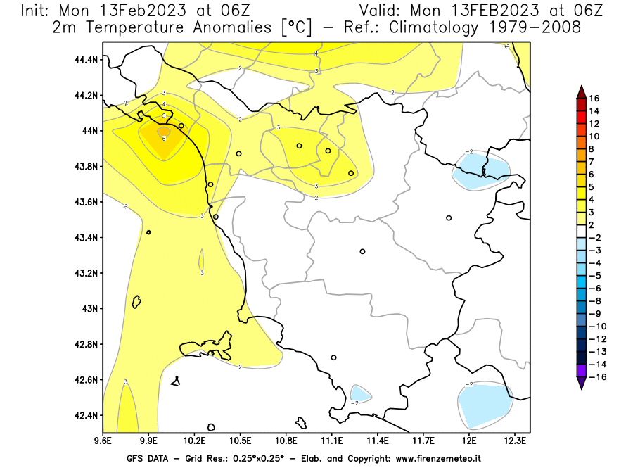 Mappa di analisi GFS - Anomalia Temperatura [°C] a 2 m in Toscana
							del 13/02/2023 06 <!--googleoff: index-->UTC<!--googleon: index-->