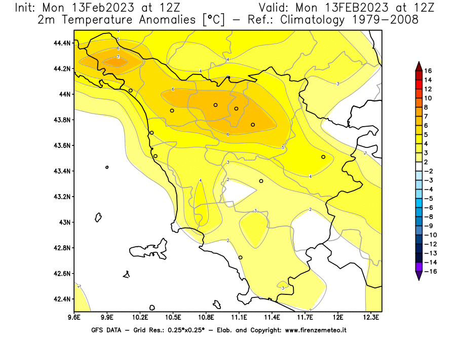 Mappa di analisi GFS - Anomalia Temperatura [°C] a 2 m in Toscana
							del 13/02/2023 12 <!--googleoff: index-->UTC<!--googleon: index-->