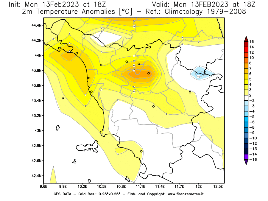 Mappa di analisi GFS - Anomalia Temperatura [°C] a 2 m in Toscana
							del 13/02/2023 18 <!--googleoff: index-->UTC<!--googleon: index-->