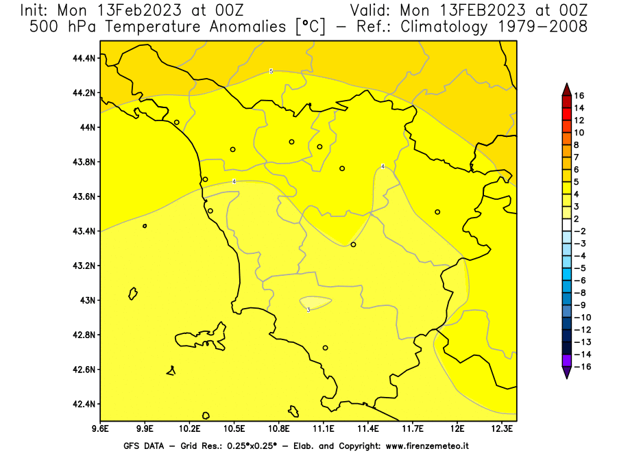 Mappa di analisi GFS - Anomalia Temperatura [°C] a 500 hPa in Toscana
							del 13/02/2023 00 <!--googleoff: index-->UTC<!--googleon: index-->