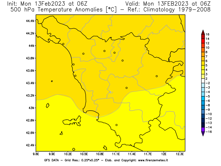 Mappa di analisi GFS - Anomalia Temperatura [°C] a 500 hPa in Toscana
							del 13/02/2023 06 <!--googleoff: index-->UTC<!--googleon: index-->