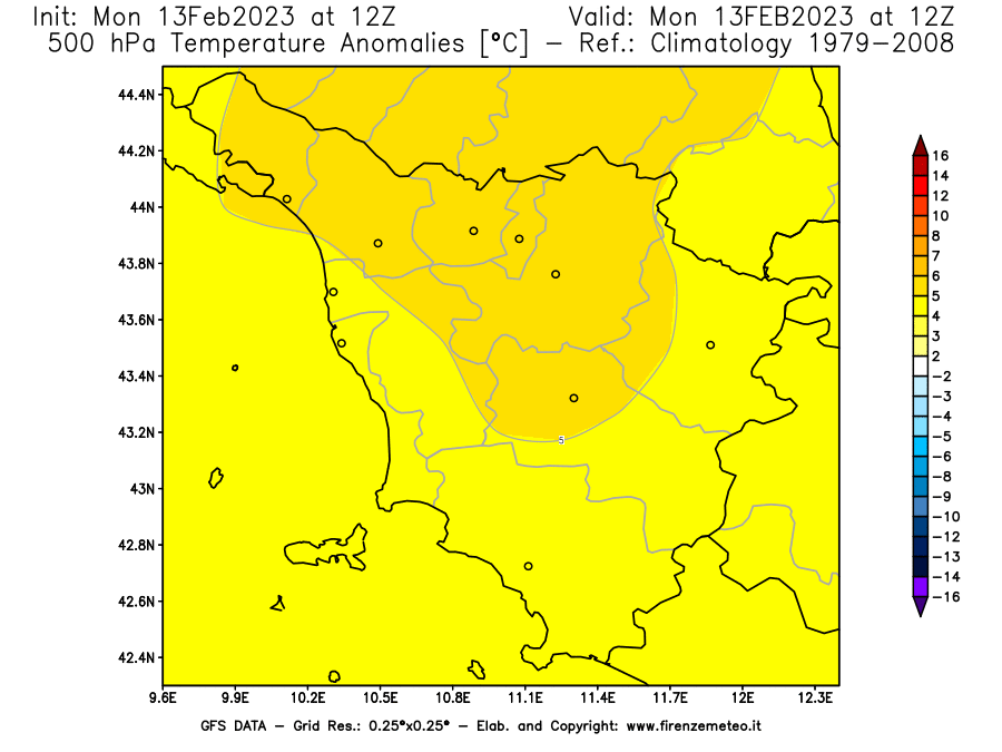 Mappa di analisi GFS - Anomalia Temperatura [°C] a 500 hPa in Toscana
							del 13/02/2023 12 <!--googleoff: index-->UTC<!--googleon: index-->