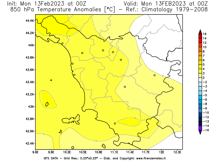 Mappa di analisi GFS - Anomalia Temperatura [°C] a 850 hPa in Toscana
							del 13/02/2023 00 <!--googleoff: index-->UTC<!--googleon: index-->