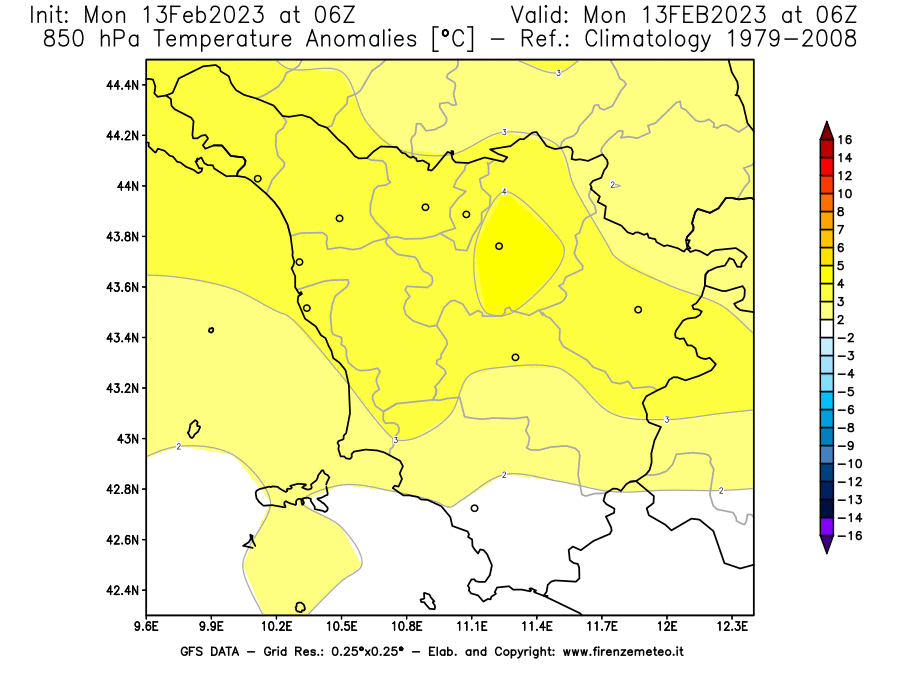 Mappa di analisi GFS - Anomalia Temperatura [°C] a 850 hPa in Toscana
							del 13/02/2023 06 <!--googleoff: index-->UTC<!--googleon: index-->