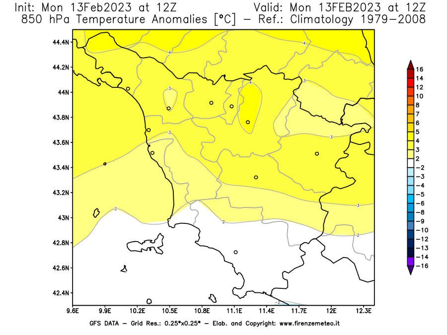 Mappa di analisi GFS - Anomalia Temperatura [°C] a 850 hPa in Toscana
							del 13/02/2023 12 <!--googleoff: index-->UTC<!--googleon: index-->