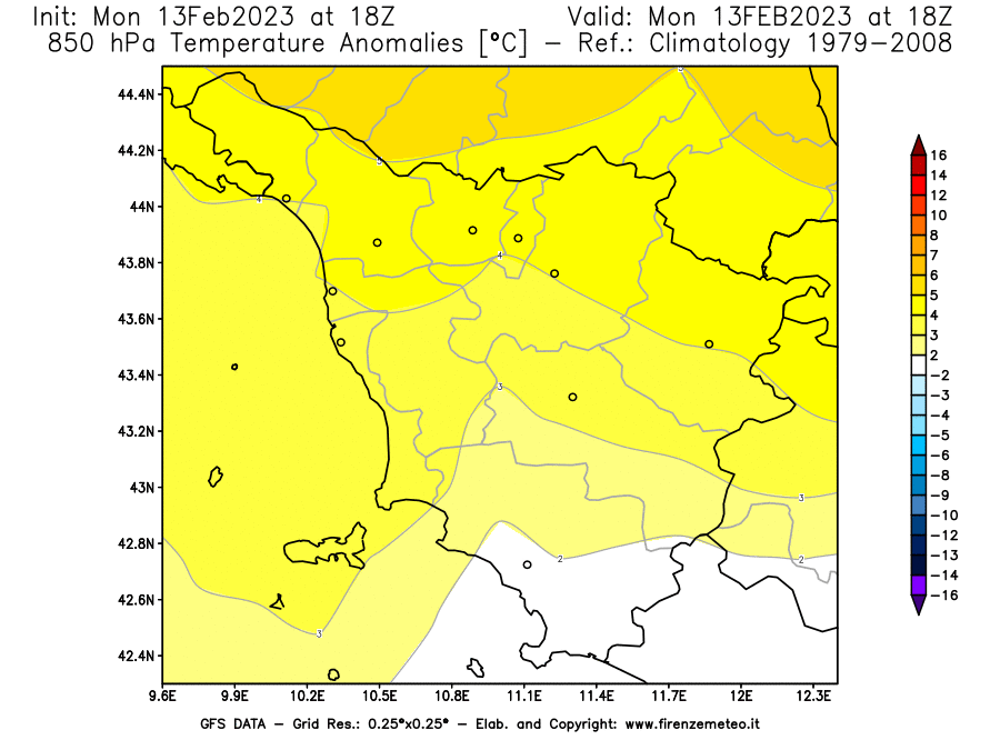 Mappa di analisi GFS - Anomalia Temperatura [°C] a 850 hPa in Toscana
							del 13/02/2023 18 <!--googleoff: index-->UTC<!--googleon: index-->