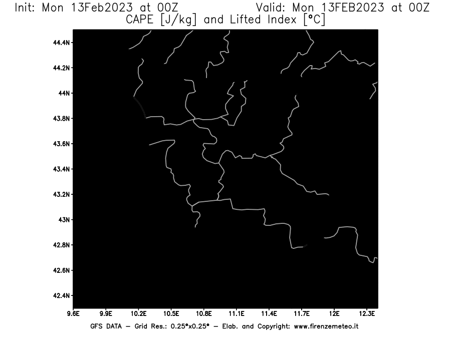 Mappa di analisi GFS - CAPE [J/kg] e Lifted Index [°C] in Toscana
							del 13/02/2023 00 <!--googleoff: index-->UTC<!--googleon: index-->