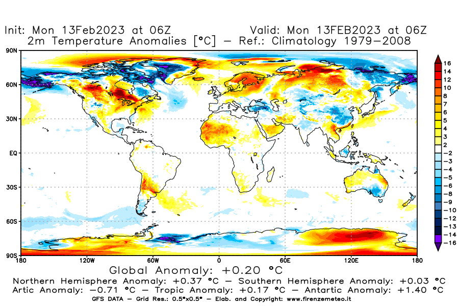 Mappa di analisi GFS - Anomalia Temperatura [°C] a 2 m in World
							del 13/02/2023 06 <!--googleoff: index-->UTC<!--googleon: index-->