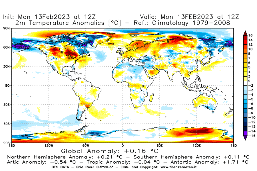 Mappa di analisi GFS - Anomalia Temperatura [°C] a 2 m in World
							del 13/02/2023 12 <!--googleoff: index-->UTC<!--googleon: index-->