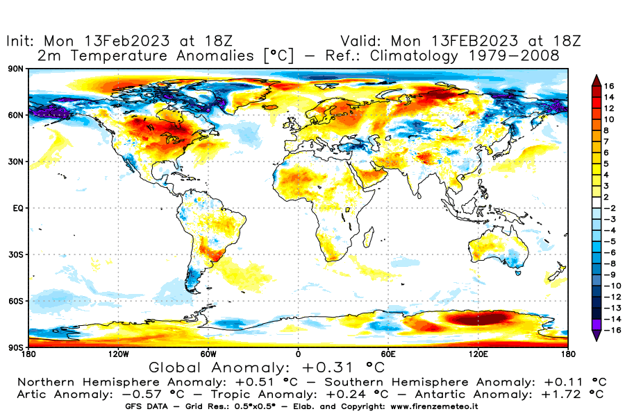 Mappa di analisi GFS - Anomalia Temperatura [°C] a 2 m in World
							del 13/02/2023 18 <!--googleoff: index-->UTC<!--googleon: index-->