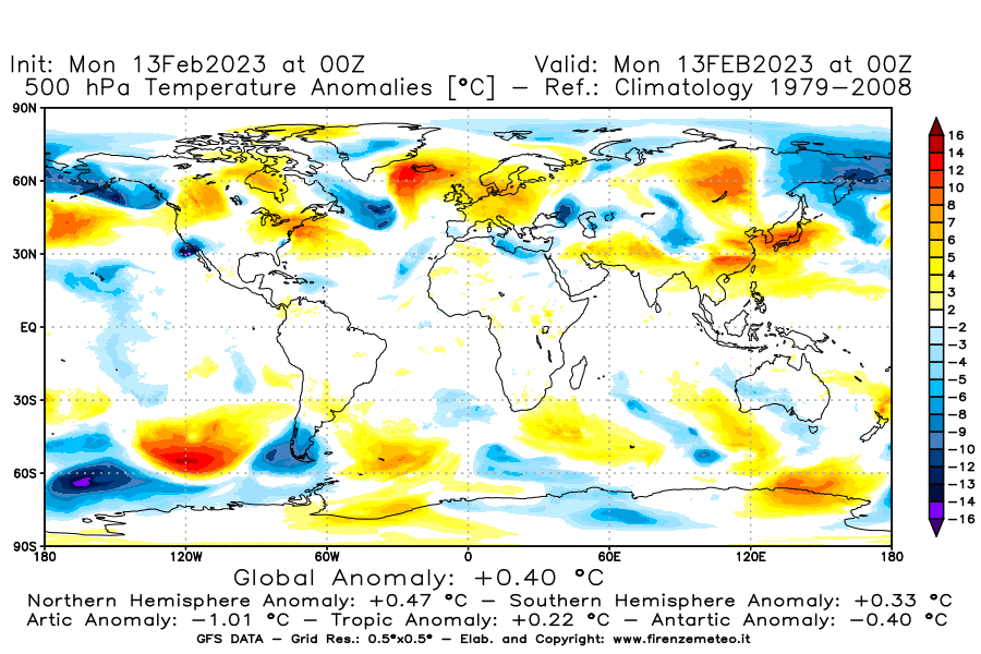 Mappa di analisi GFS - Anomalia Temperatura [°C] a 500 hPa in World
							del 13/02/2023 00 <!--googleoff: index-->UTC<!--googleon: index-->