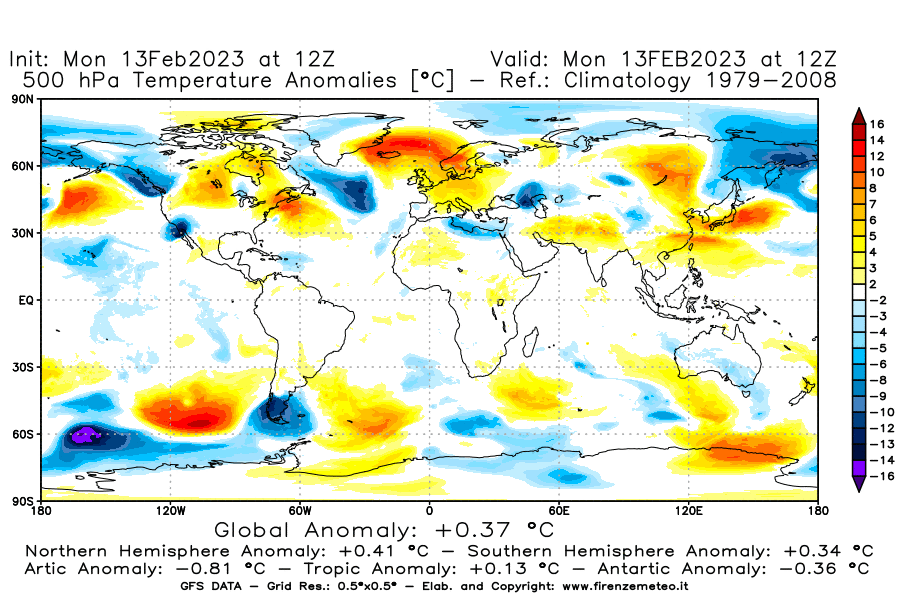 Mappa di analisi GFS - Anomalia Temperatura [°C] a 500 hPa in World
							del 13/02/2023 12 <!--googleoff: index-->UTC<!--googleon: index-->