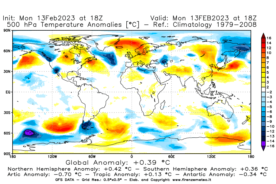Mappa di analisi GFS - Anomalia Temperatura [°C] a 500 hPa in World
							del 13/02/2023 18 <!--googleoff: index-->UTC<!--googleon: index-->