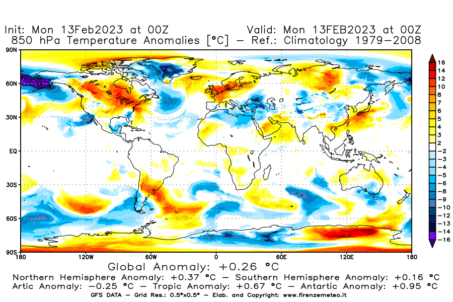 Mappa di analisi GFS - Anomalia Temperatura [°C] a 850 hPa in World
							del 13/02/2023 00 <!--googleoff: index-->UTC<!--googleon: index-->
