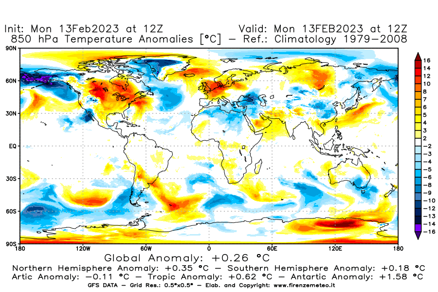 Mappa di analisi GFS - Anomalia Temperatura [°C] a 850 hPa in World
							del 13/02/2023 12 <!--googleoff: index-->UTC<!--googleon: index-->