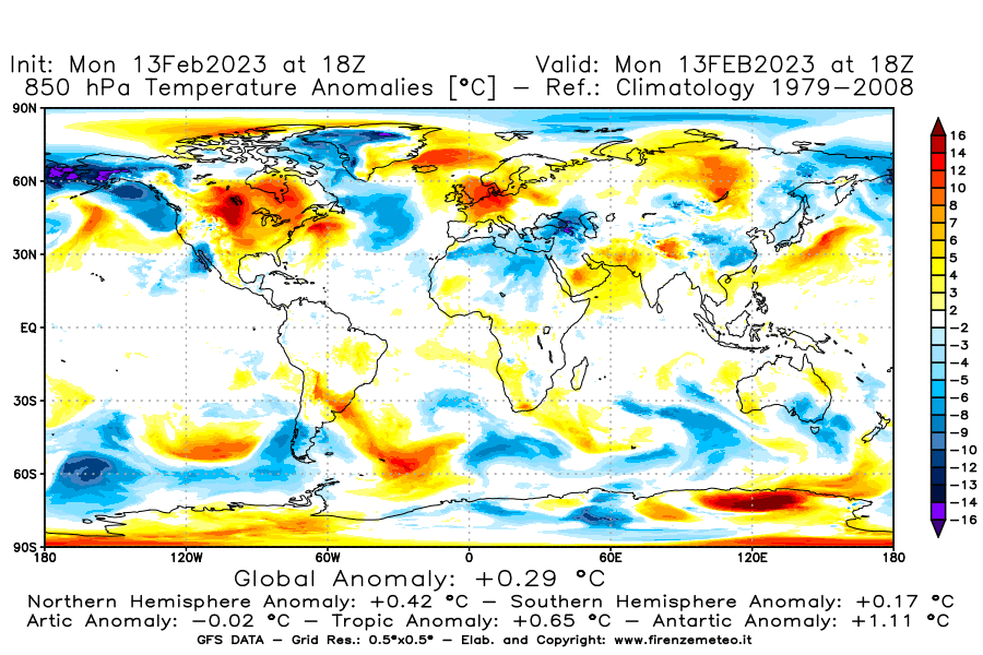 Mappa di analisi GFS - Anomalia Temperatura [°C] a 850 hPa in World
							del 13/02/2023 18 <!--googleoff: index-->UTC<!--googleon: index-->
