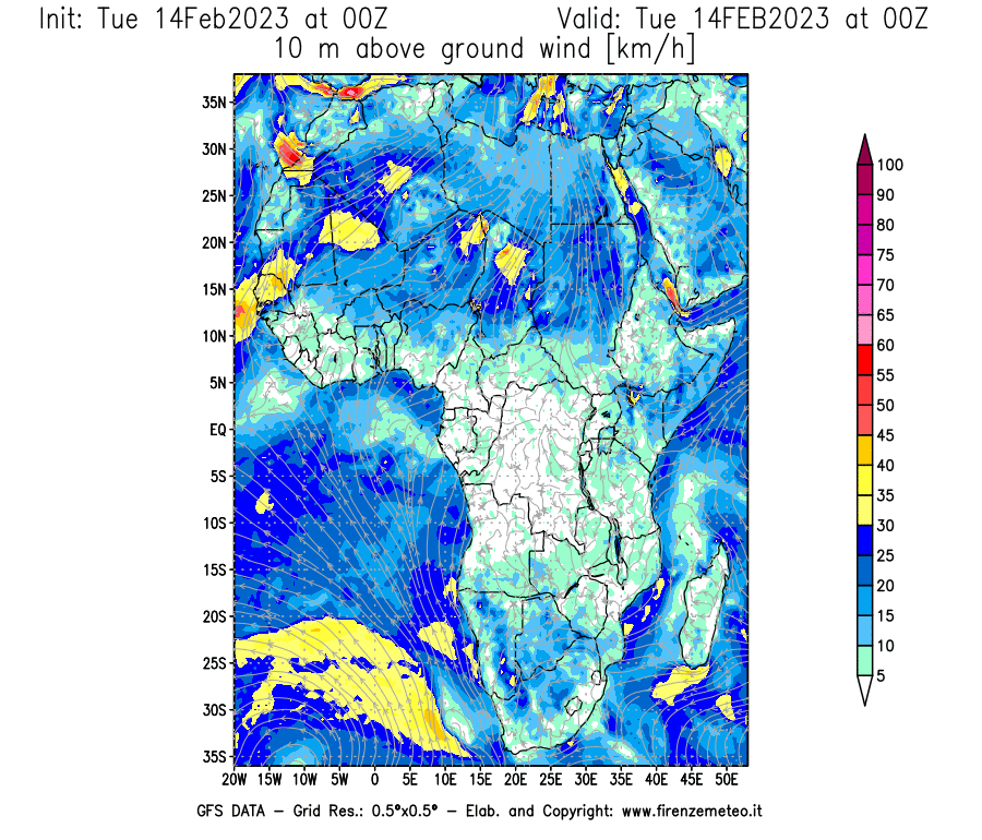 Mappa di analisi GFS - Velocità del vento a 10 metri dal suolo [km/h] in Africa
							del 14/02/2023 00 <!--googleoff: index-->UTC<!--googleon: index-->
