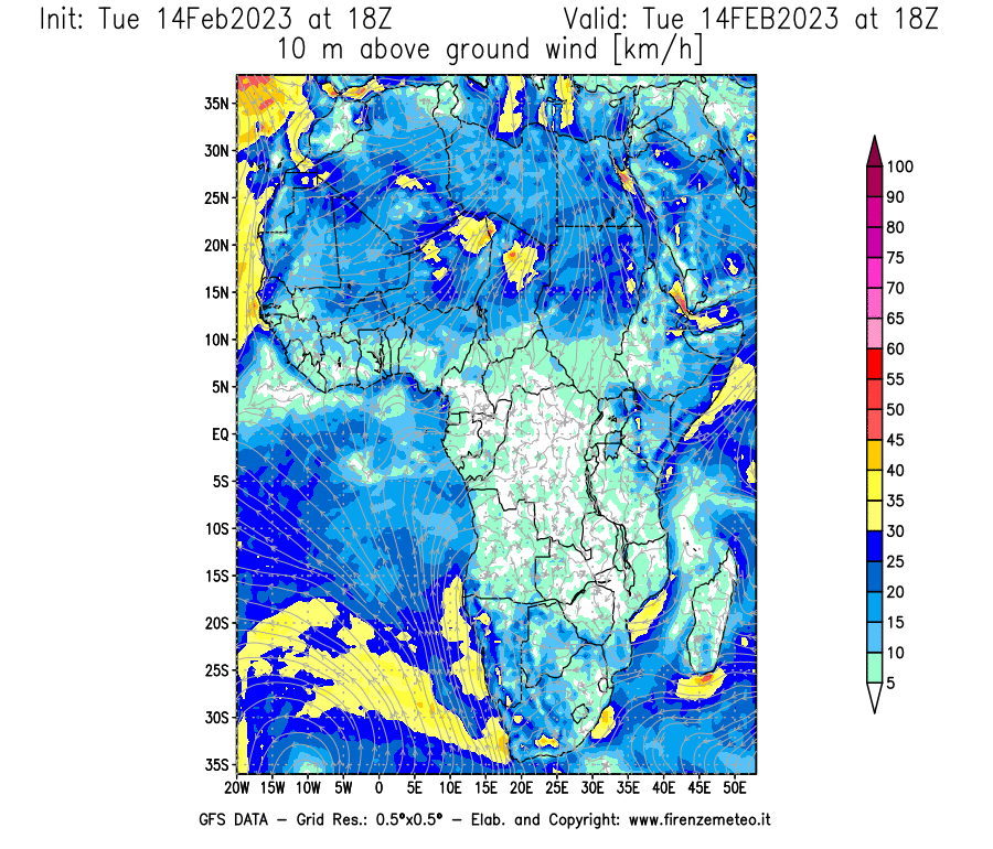 Mappa di analisi GFS - Velocità del vento a 10 metri dal suolo [km/h] in Africa
							del 14/02/2023 18 <!--googleoff: index-->UTC<!--googleon: index-->