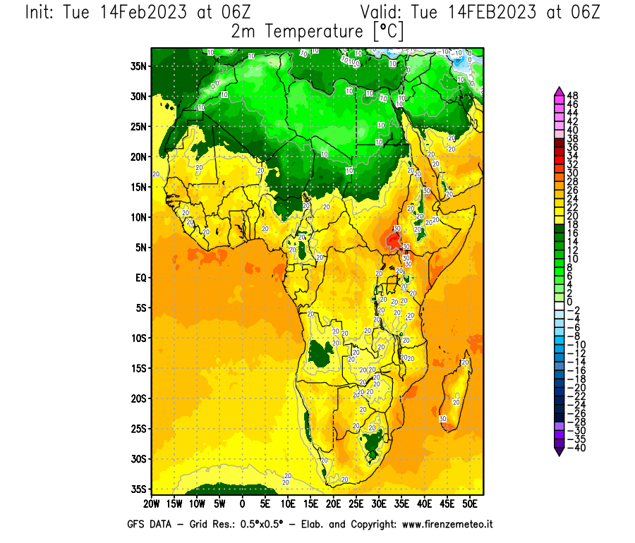 Mappa di analisi GFS - Temperatura a 2 metri dal suolo [°C] in Africa
							del 14/02/2023 06 <!--googleoff: index-->UTC<!--googleon: index-->
