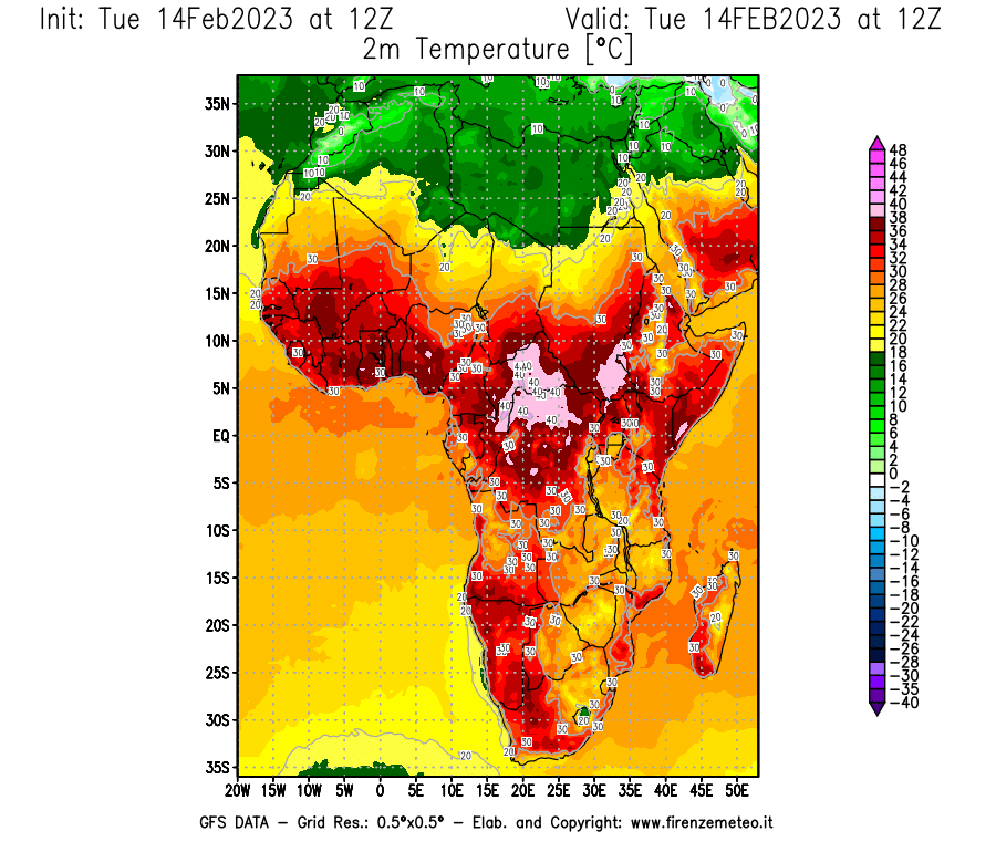 Mappa di analisi GFS - Temperatura a 2 metri dal suolo [°C] in Africa
							del 14/02/2023 12 <!--googleoff: index-->UTC<!--googleon: index-->