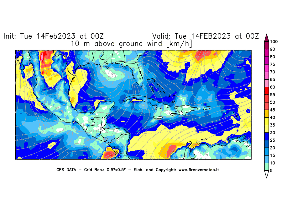 Mappa di analisi GFS - Velocità del vento a 10 metri dal suolo [km/h] in Centro-America
							del 14/02/2023 00 <!--googleoff: index-->UTC<!--googleon: index-->